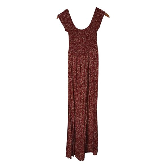 Red Women S Floral Smocked Maxi Dress Cottagecore Romantic Grunge Bareback Style - Picture 1 of 8